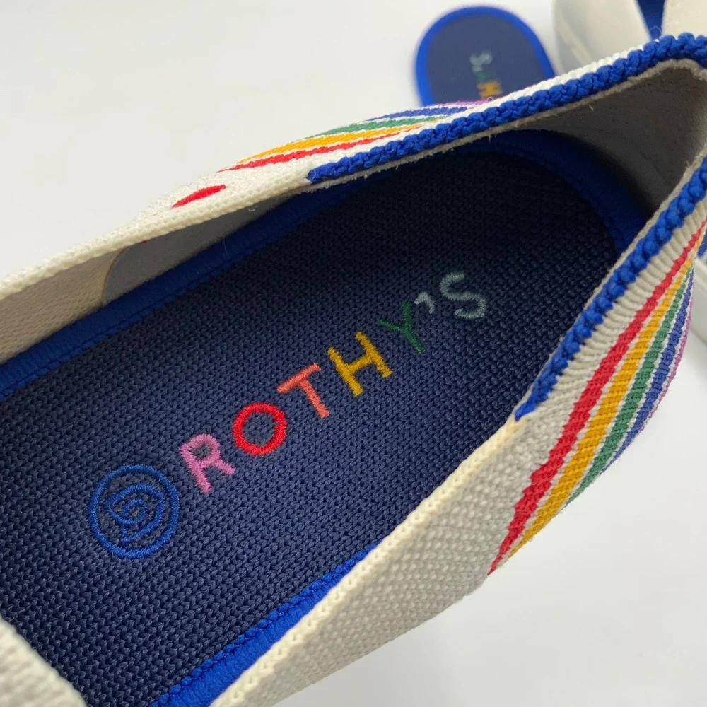 Rothys The Sneaker White Rainbow Stripe Heart SF Slip On Shoes Womens 8